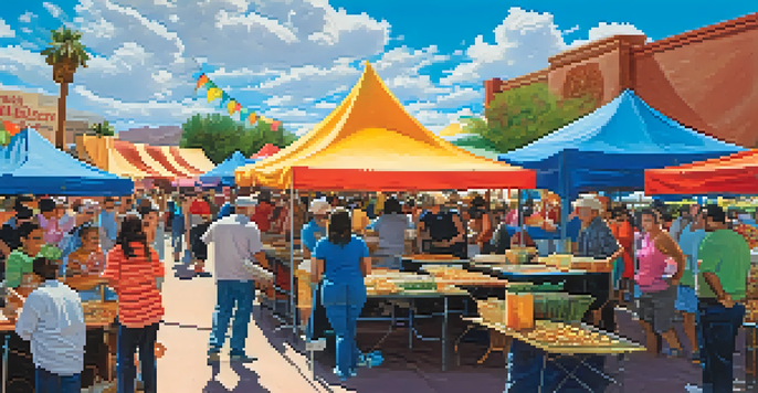 A lively festival atmosphere with colorful food stalls and people enjoying various cultural dishes.