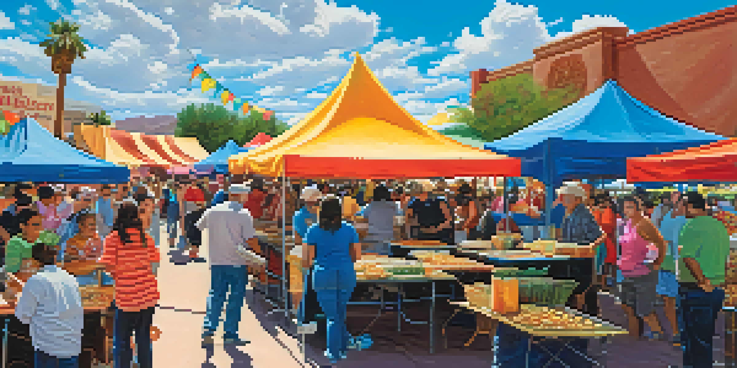 A lively festival atmosphere with colorful food stalls and people enjoying various cultural dishes.