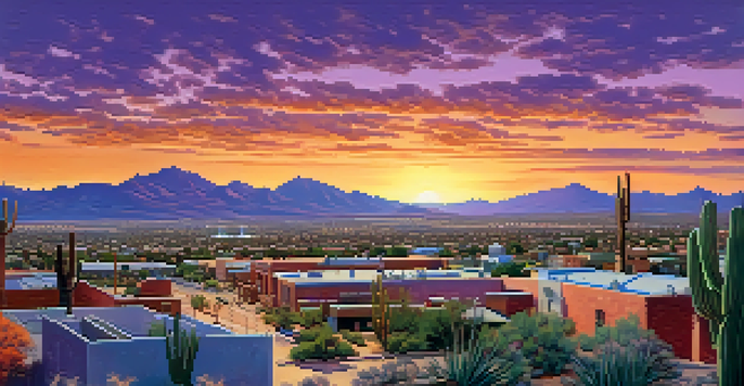 A panoramic view of Tucson in the 1990s with a vibrant skyline and early internet infrastructure, featuring students collaborating on computers at the University of Arizona campus.