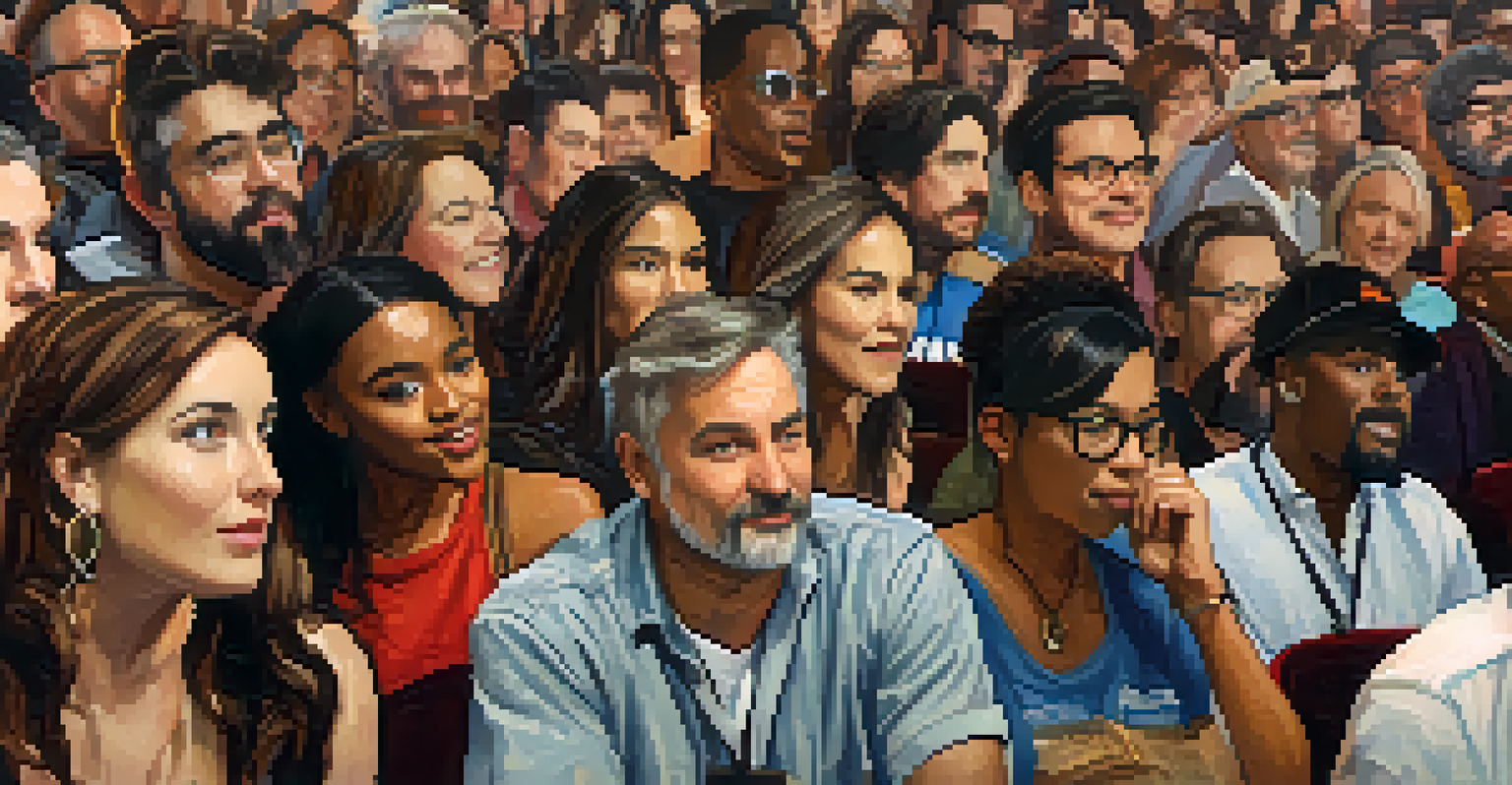 A diverse group of filmmakers discussing passionately at a film festival, surrounded by film equipment and an engaged audience.