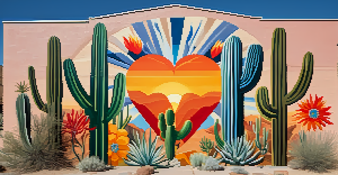 A colorful mural on a building featuring a heart symbol, surrounded by cacti and wildflowers, showcasing unity and resilience.