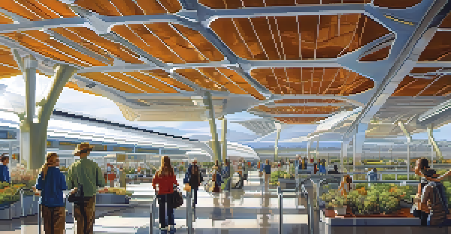 A modern image of Tucson International Airport in the 2000s, highlighting eco-friendly features and travelers using technology.