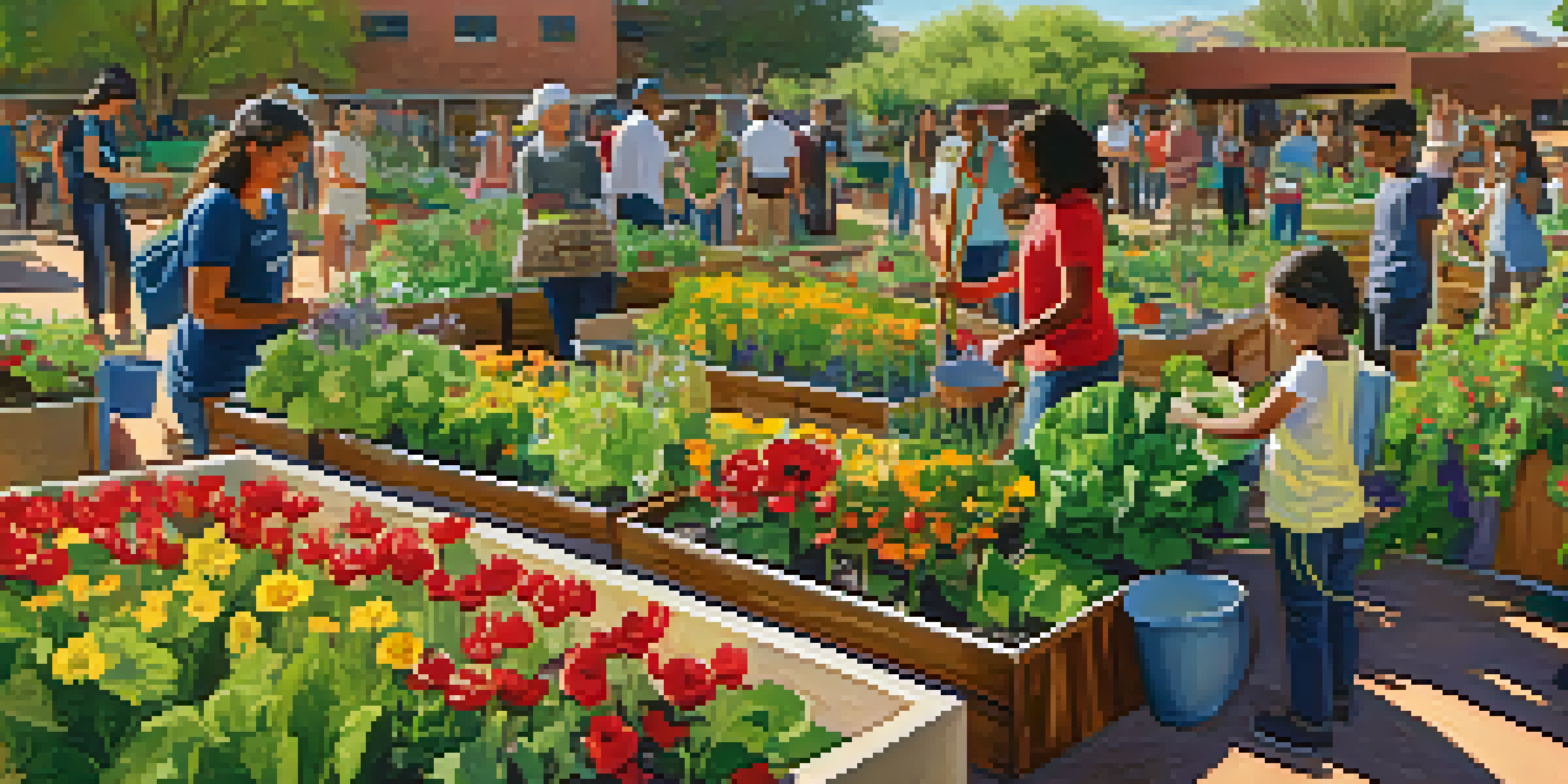 Students from diverse backgrounds working together in a sunny community garden, planting vegetables and flowers.