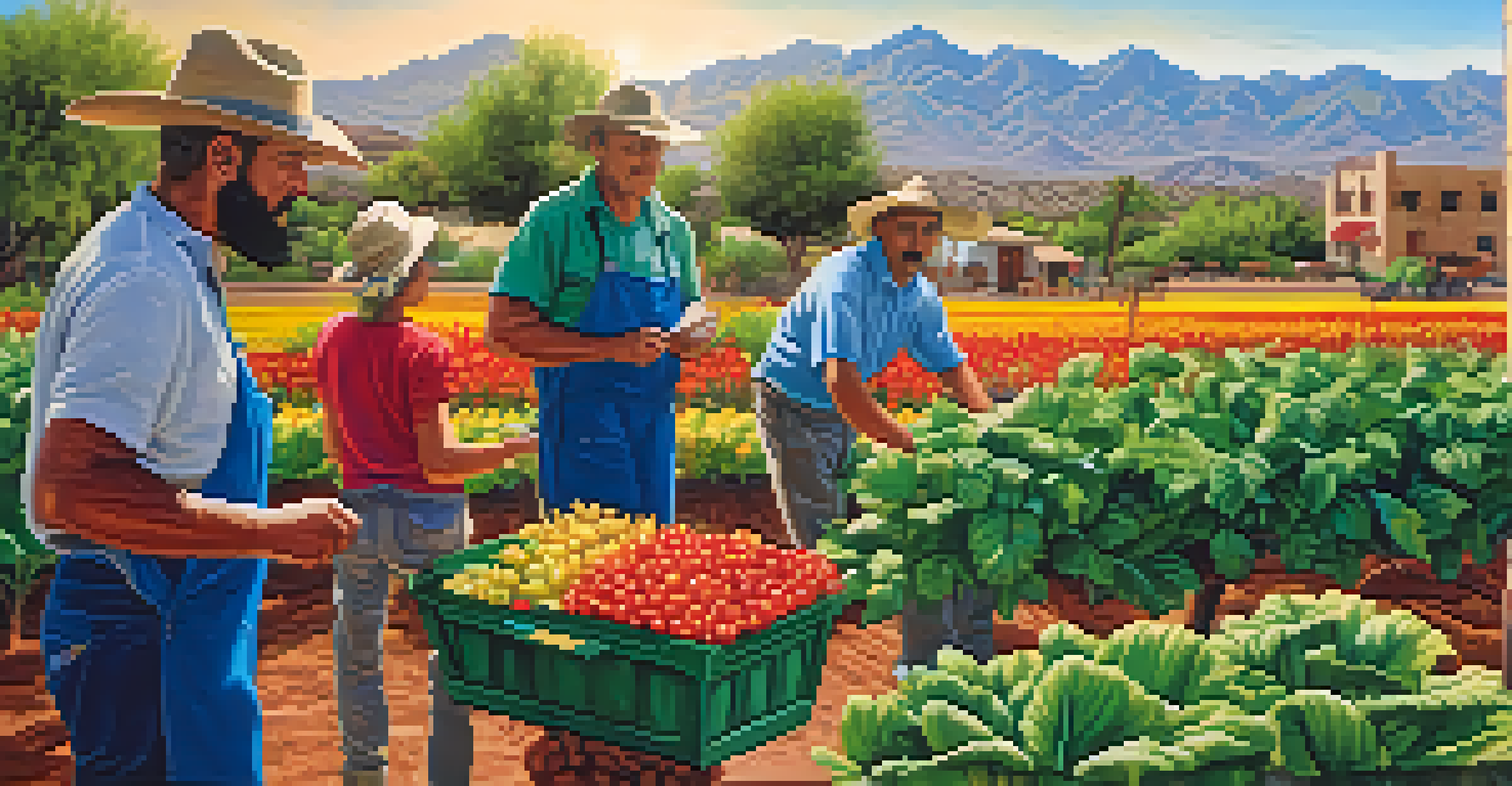A mural showcasing local farmers in a garden, representing agriculture and community strength.