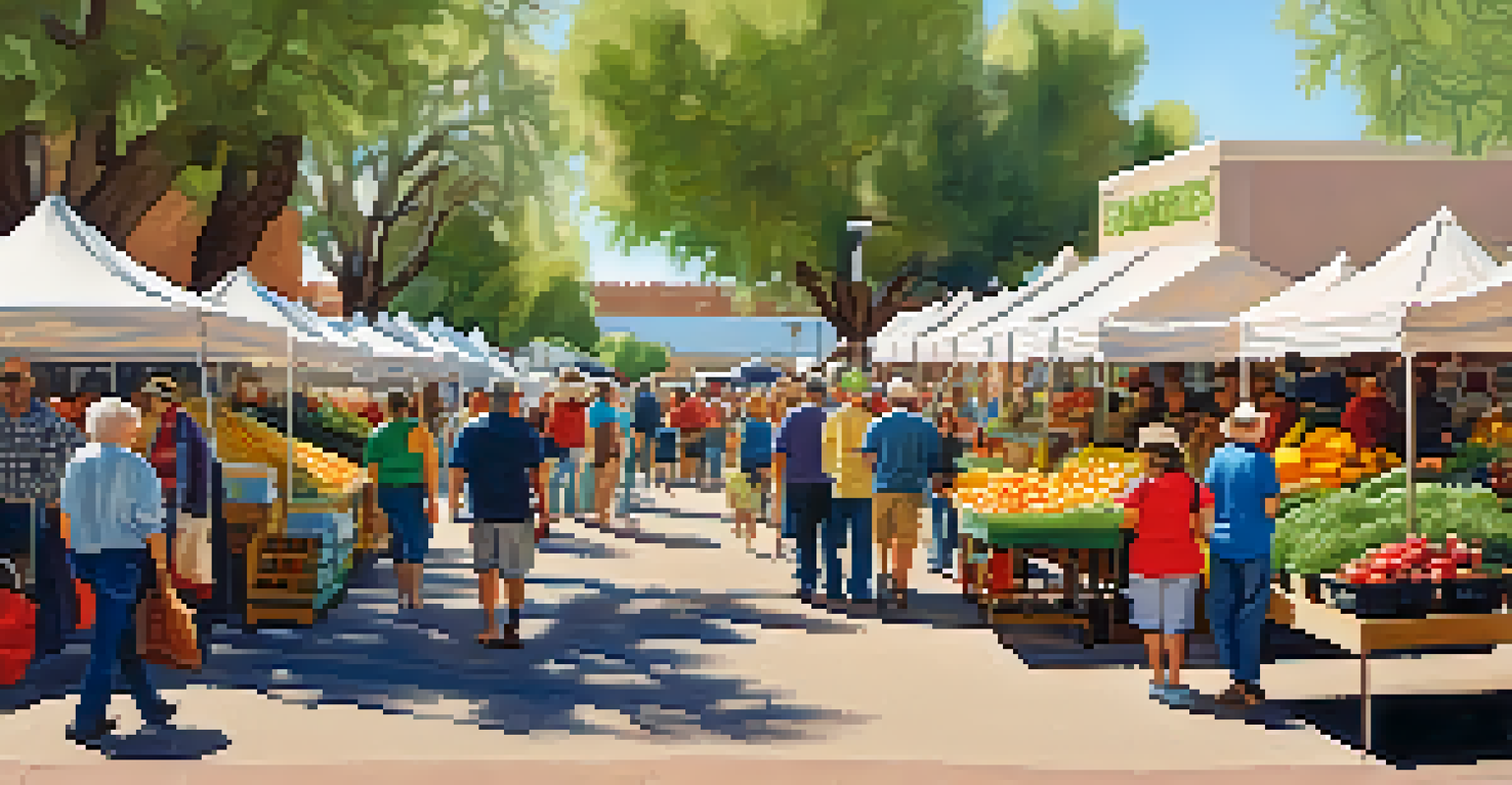 A lively farmers' market in Tucson with vendors and shoppers interacting and fresh produce on display.