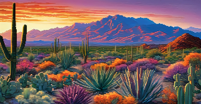 Panoramic view of Tucson in the Sonoran Desert with mountains and a colorful sunset, featuring desert flora in the foreground.