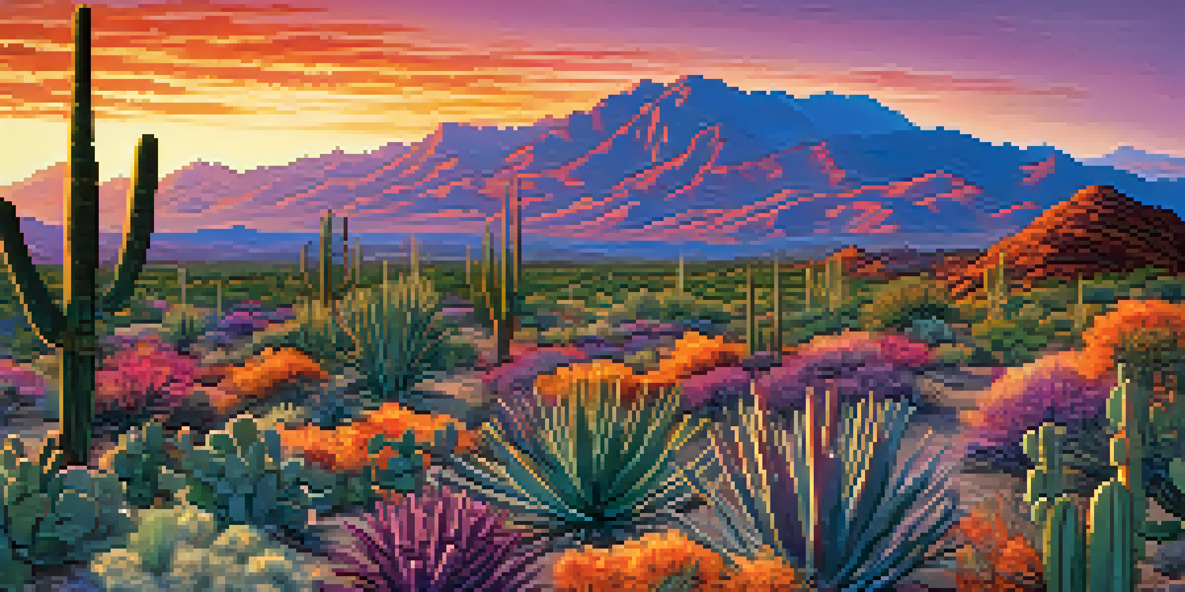 Panoramic view of Tucson in the Sonoran Desert with mountains and a colorful sunset, featuring desert flora in the foreground.