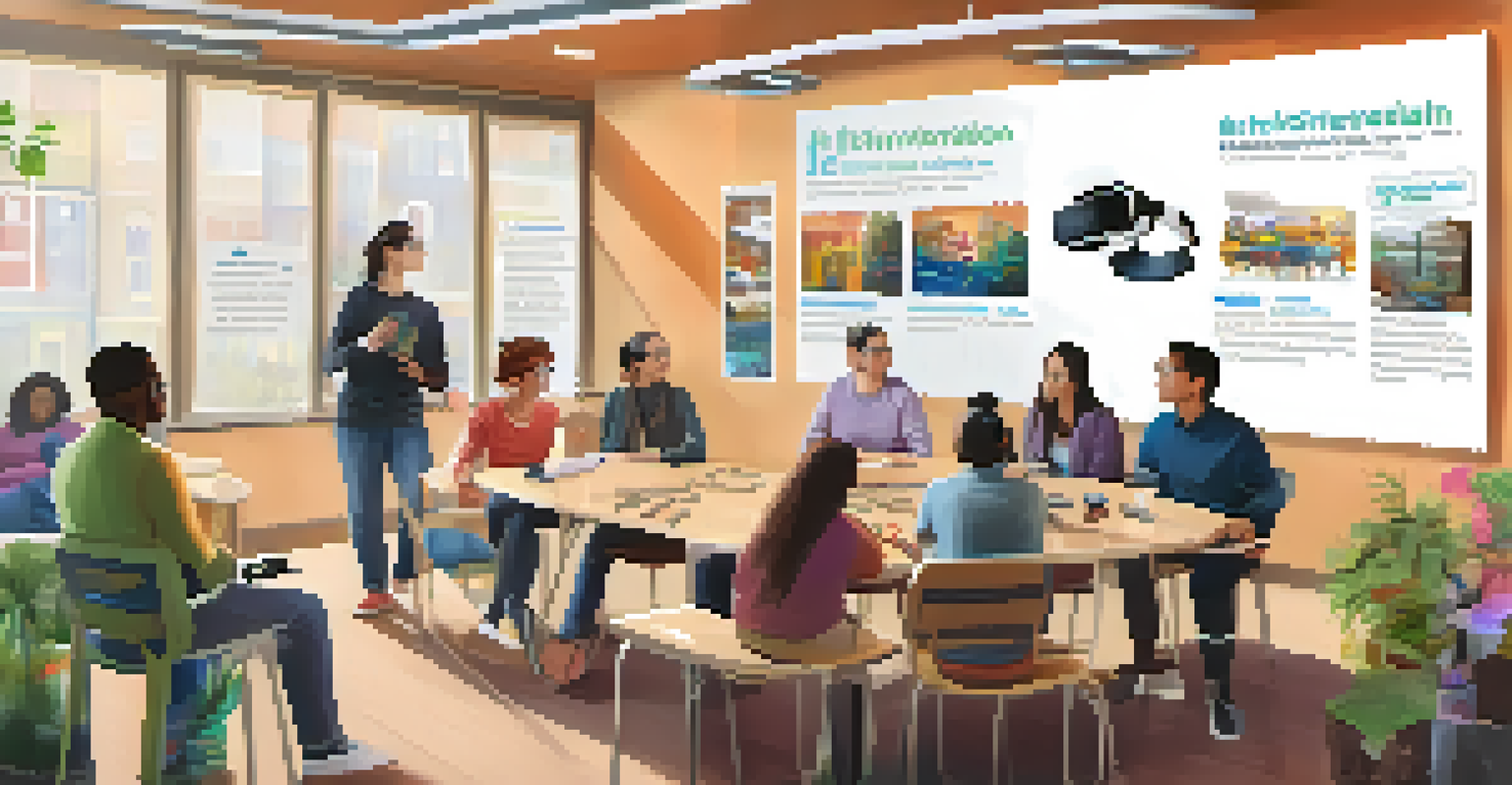 A community workshop with parents and teachers discussing VR integration in education, surrounded by educational materials and VR equipment.