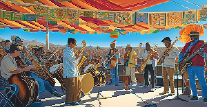 A lively Tucson music festival with local artists performing on stage, surrounded by an enthusiastic audience and colorful decorations under a sunny sky.