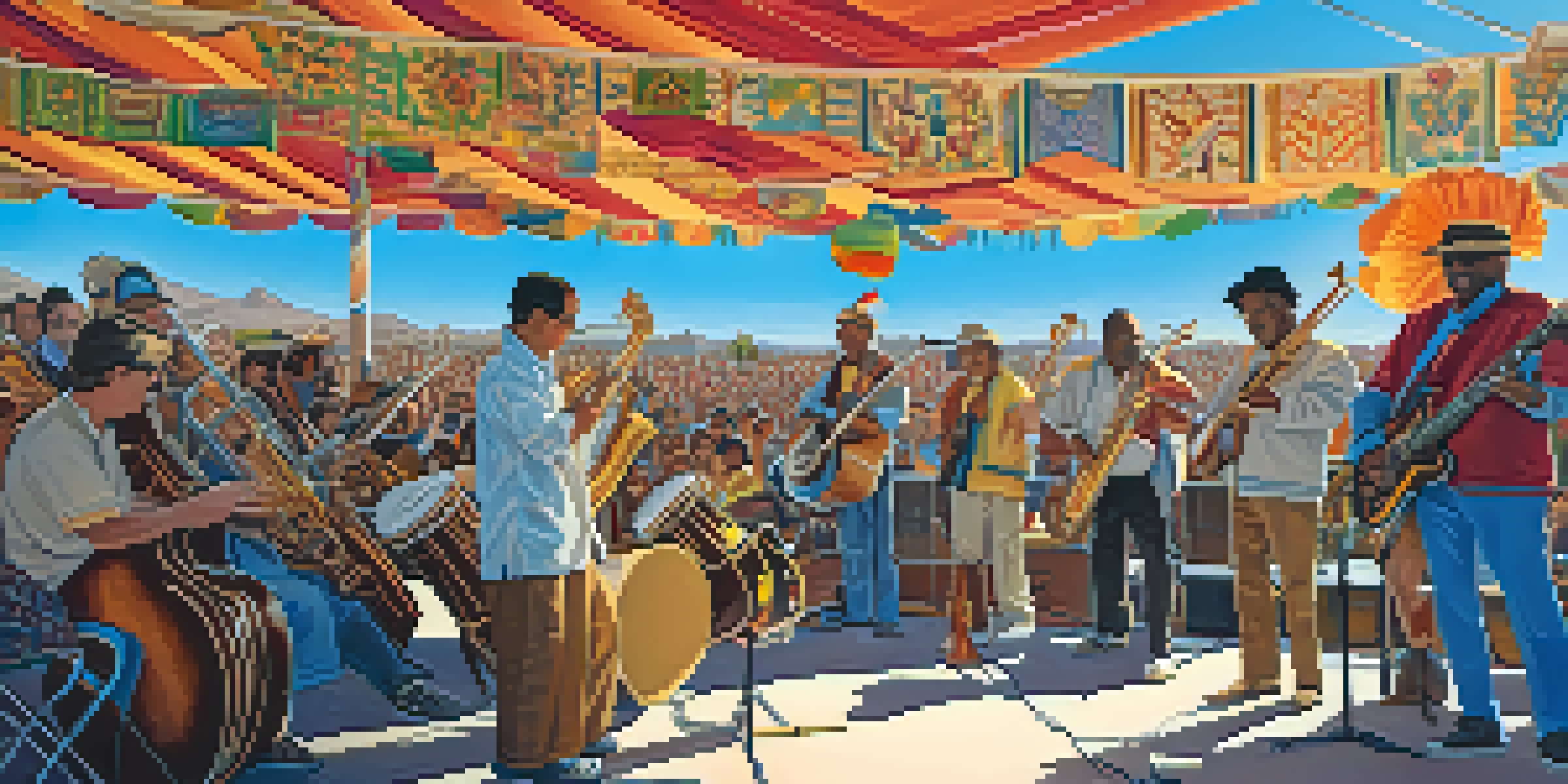 A lively Tucson music festival with local artists performing on stage, surrounded by an enthusiastic audience and colorful decorations under a sunny sky.