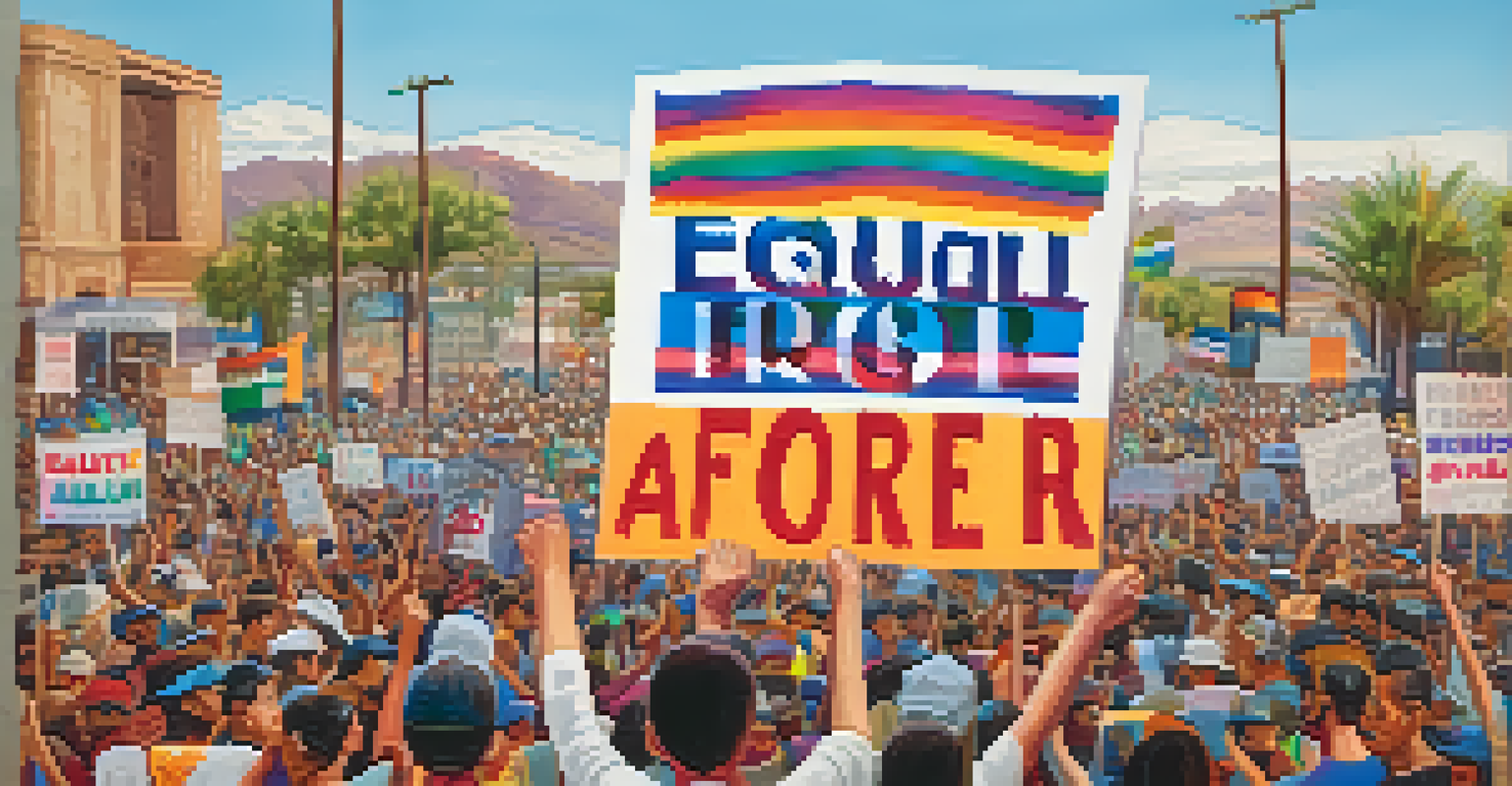 A close-up of a young activist holding a colorful protest sign that says 'Equal Rights for All', with a blurred crowd and Tucson skyline in the background.