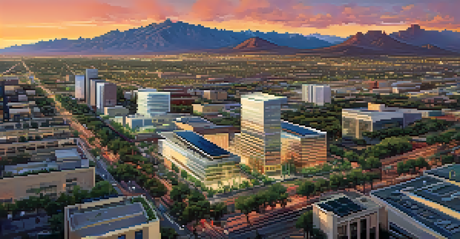Aerial view of Tucson's skyline showing modern tech offices and vibrant city life during sunset.