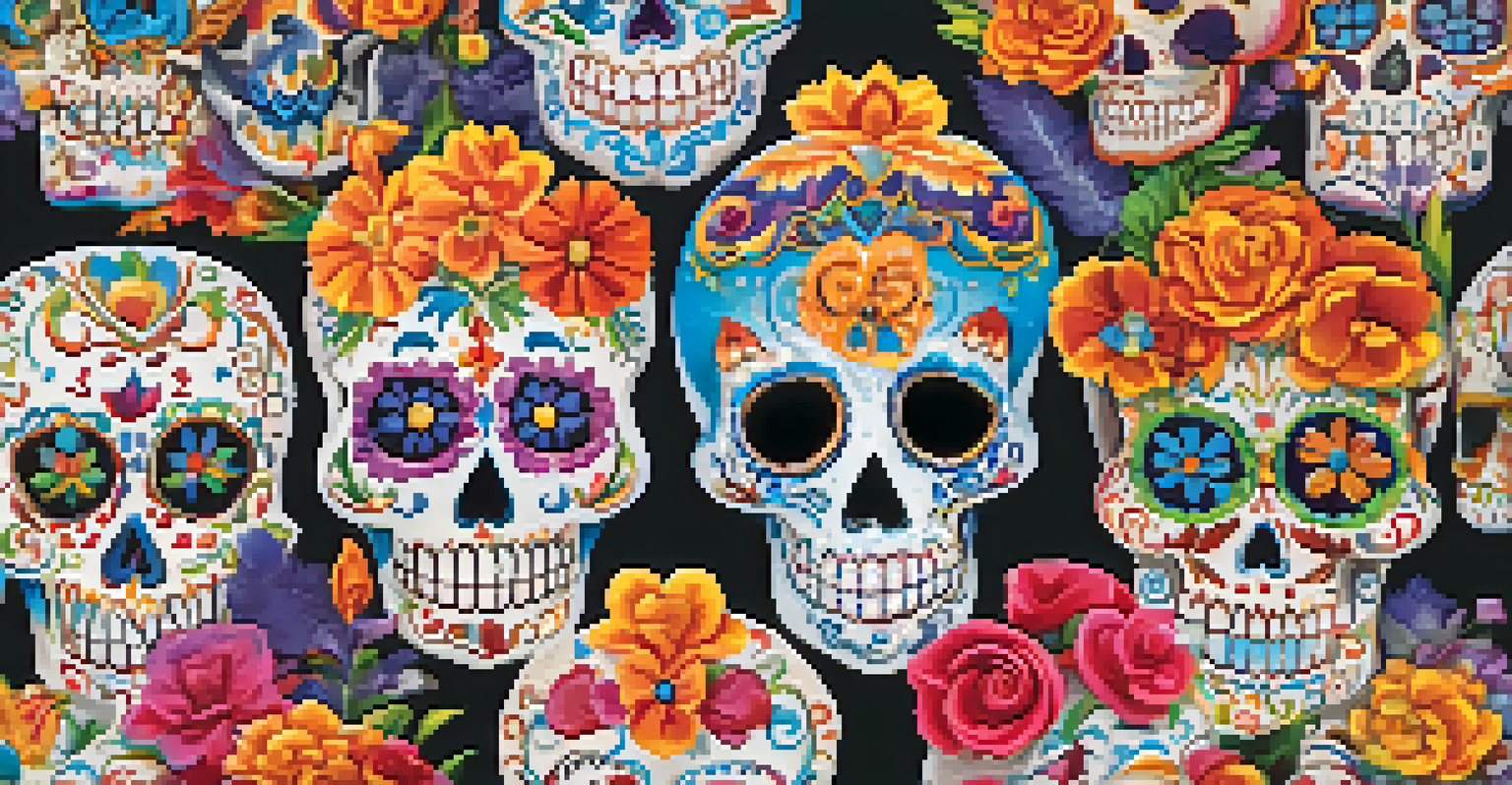Beautifully decorated sugar skulls with colorful icing displayed among vibrant flowers at the Dia de los Muertos Festival.