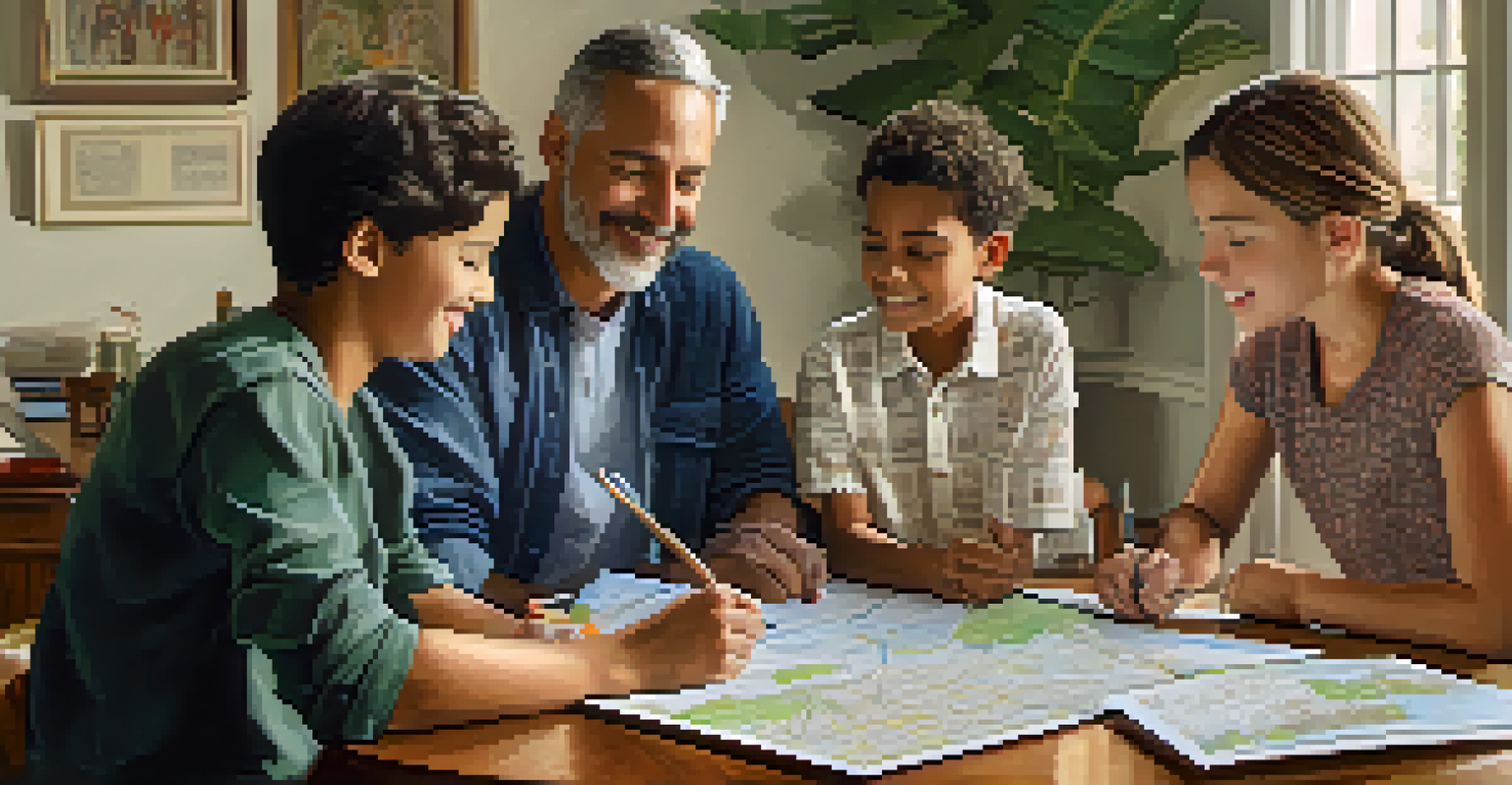 A family discussing their emergency plan at a table, surrounded by maps and notes, fostering a collaborative atmosphere.