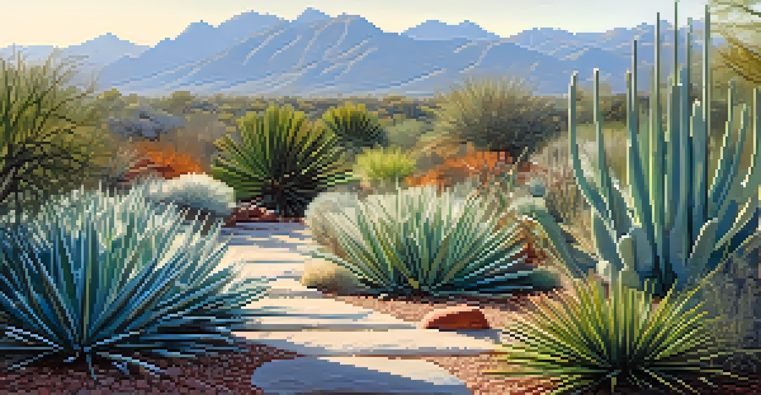 A winter scene in Tucson's botanical gardens showing frost-covered desert plants against a stark landscape with soft morning light.