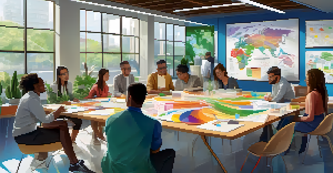 A diverse group of people collaborating in an innovation hub, surrounded by whiteboards and natural light.