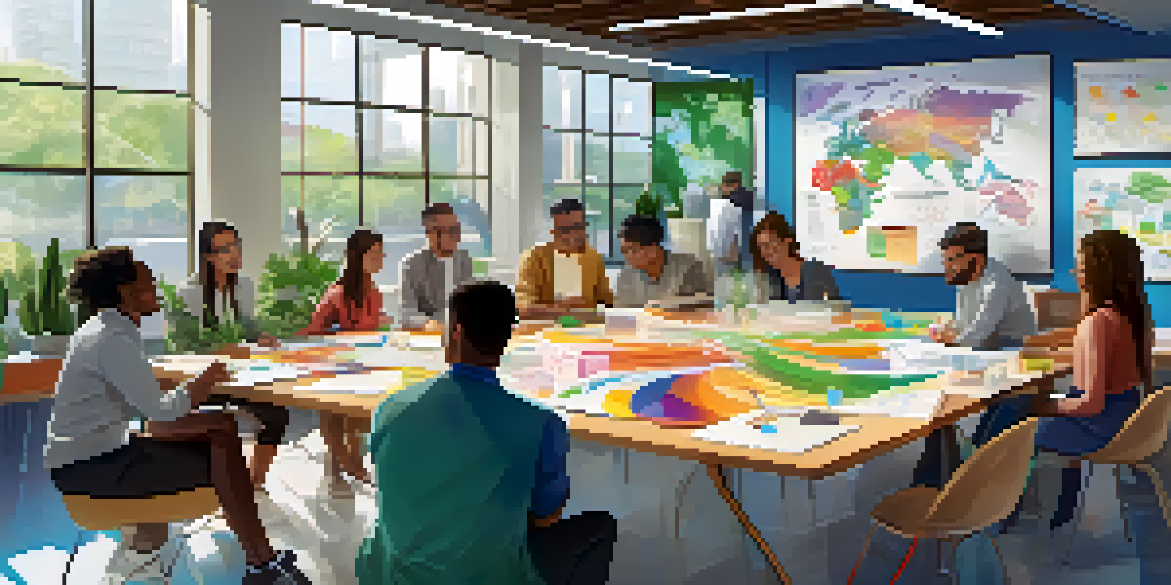 A diverse group of people collaborating in an innovation hub, surrounded by whiteboards and natural light.
