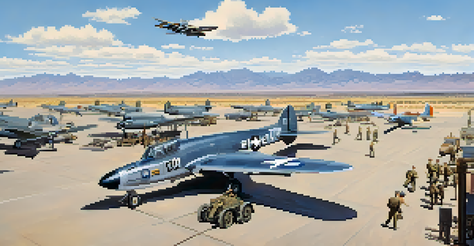 A historical view of Tucson International Airport during World War II with military aircraft, soldiers, and the desert landscape.