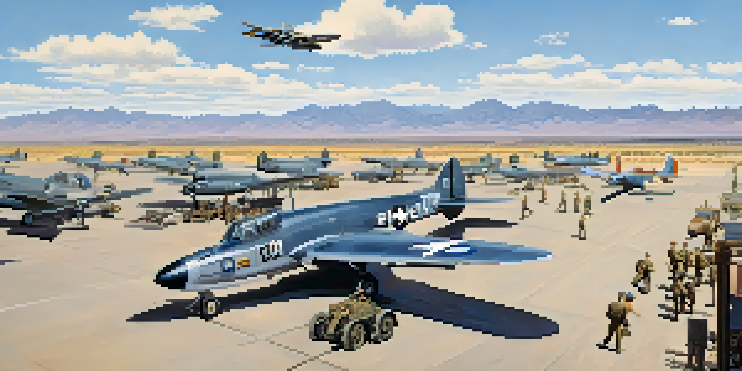 A historical view of Tucson International Airport during World War II with military aircraft, soldiers, and the desert landscape.
