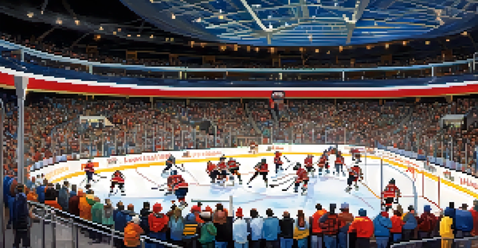A lively hockey game in Tucson with fans in team colors, bright stadium lights, and players on the ice.