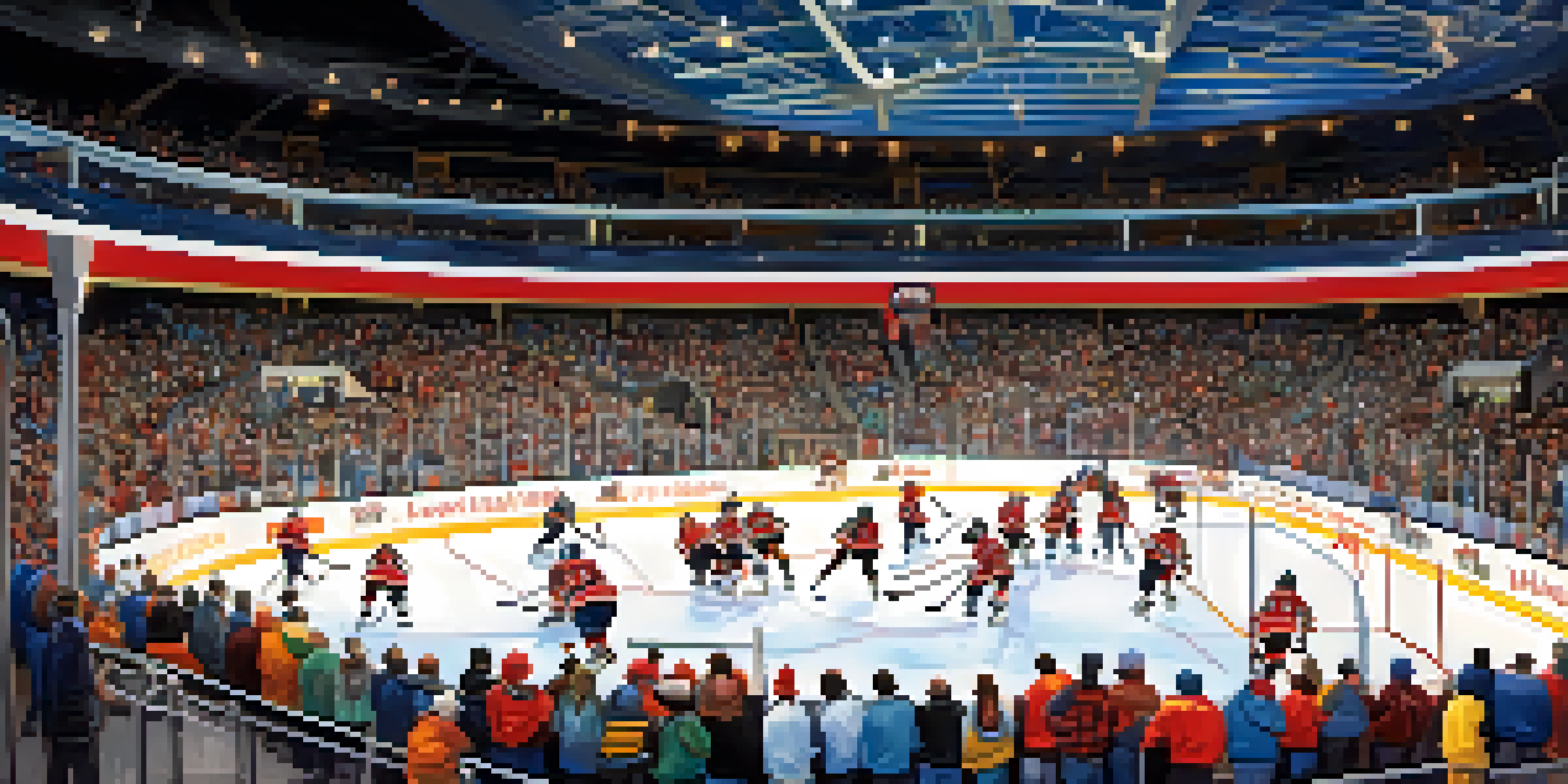 A lively hockey game in Tucson with fans in team colors, bright stadium lights, and players on the ice.