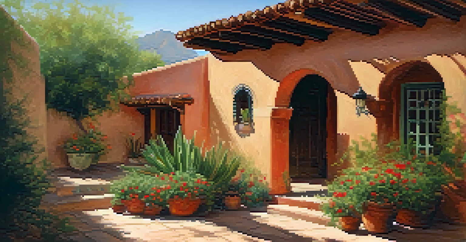 A courtyard of a Spanish Colonial home with adobe walls, red tile roof, and lush greenery, bathed in warm sunlight.