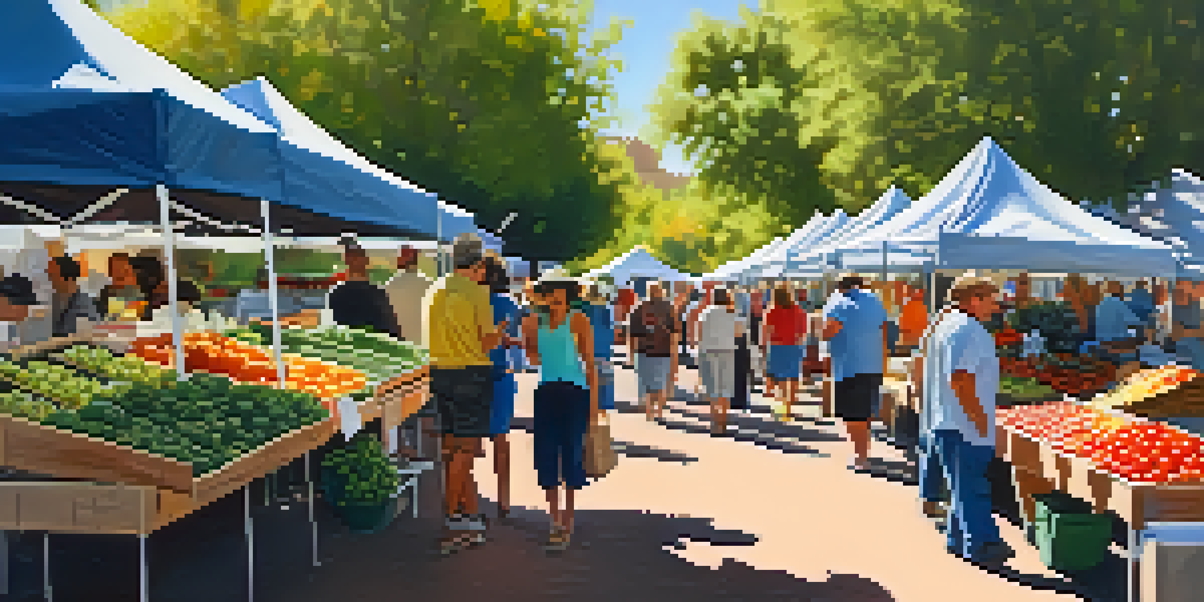 A bustling Tucson farmers' market with colorful produce stalls, families enjoying the day, and sunlight filtering through trees.