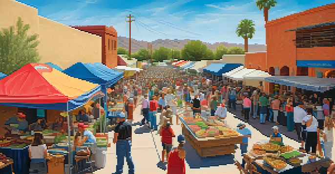 An outdoor food festival in Tucson with colorful food stalls and people enjoying various local dishes.