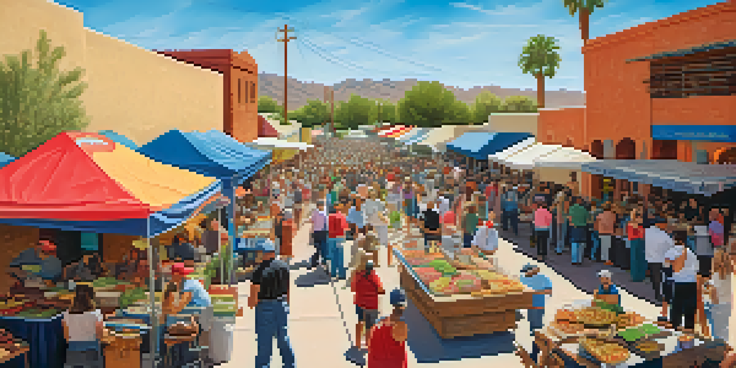 An outdoor food festival in Tucson with colorful food stalls and people enjoying various local dishes.