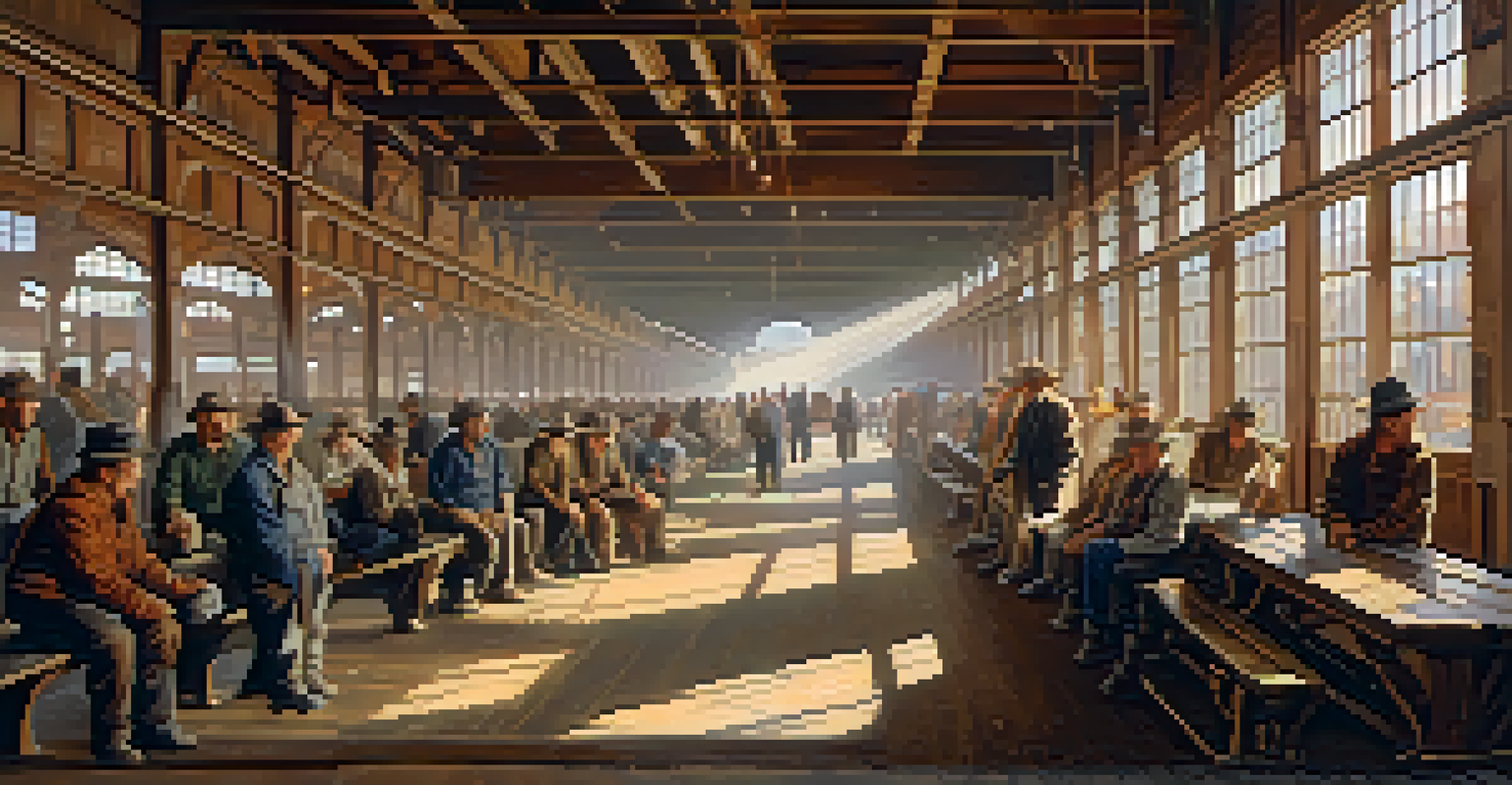 An interior view of a 19th century railroad depot in Tucson, showing miners and workers amidst wooden decor and sunlight.
