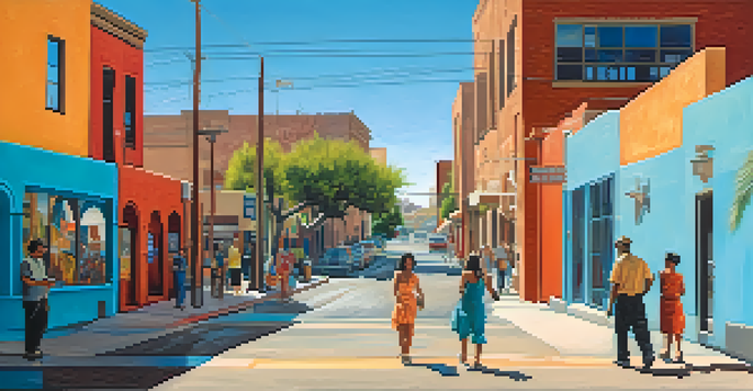 A lively downtown Tucson scene with colorful murals and diverse people interacting with the art.