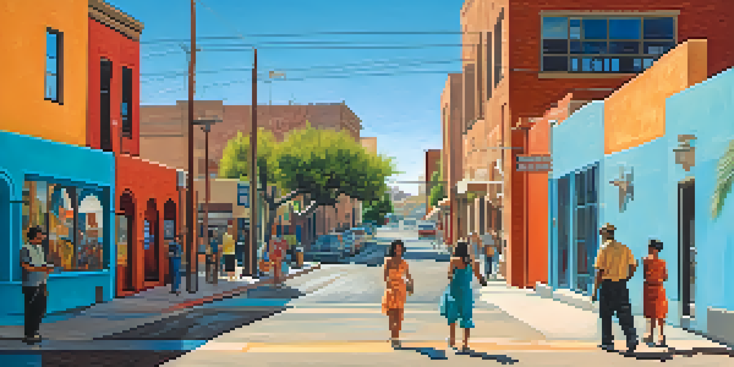 A lively downtown Tucson scene with colorful murals and diverse people interacting with the art.