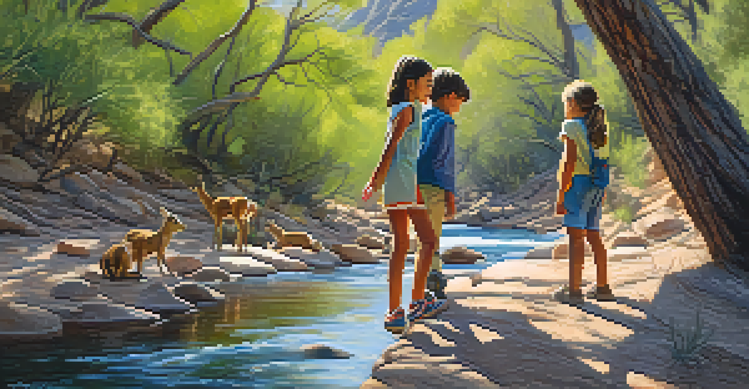 Children hiking in a canyon, pointing at wildlife while surrounded by greenery.