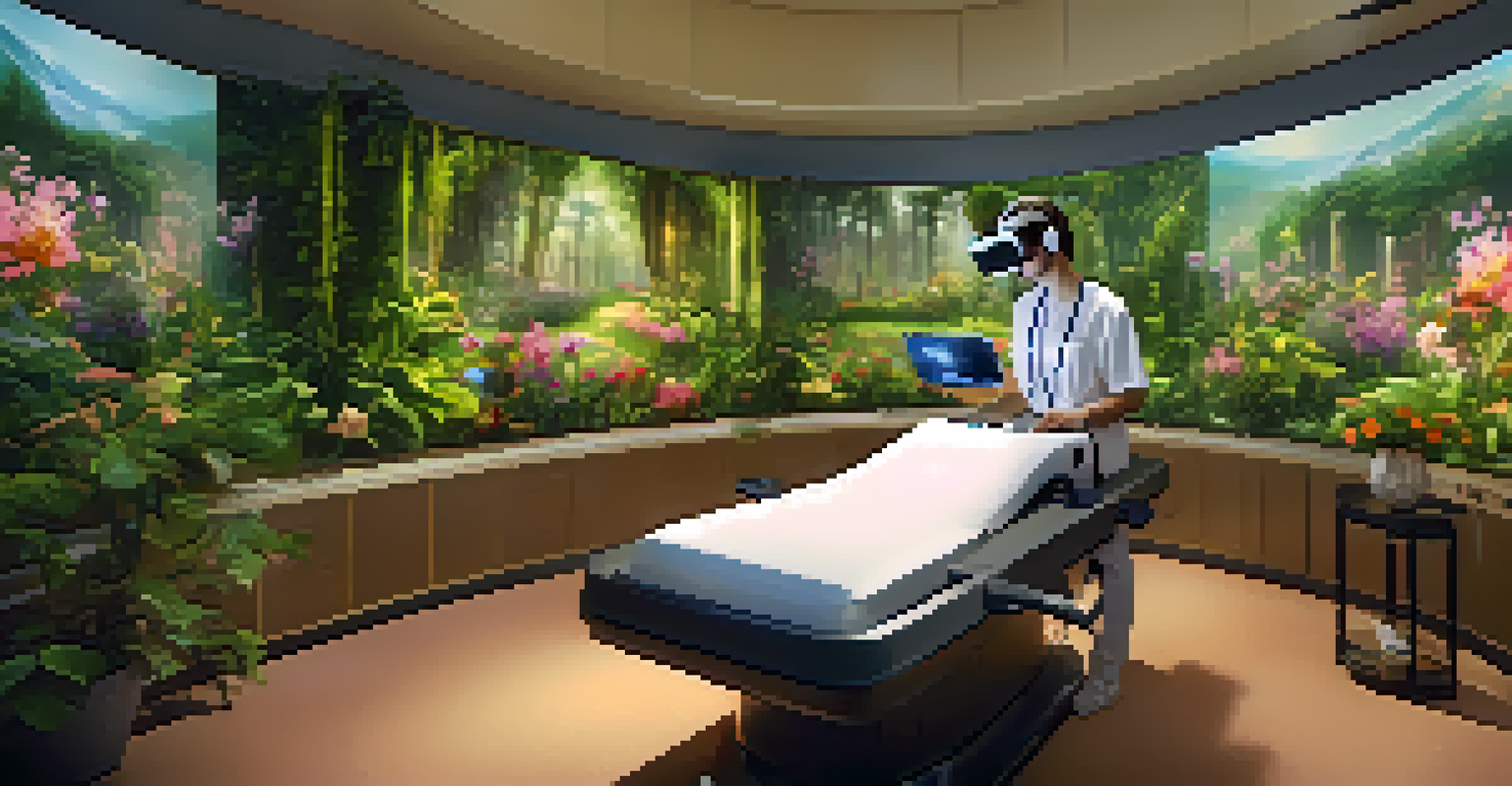 A patient wearing a VR headset in a rehabilitation room, engaging with a virtual park environment.