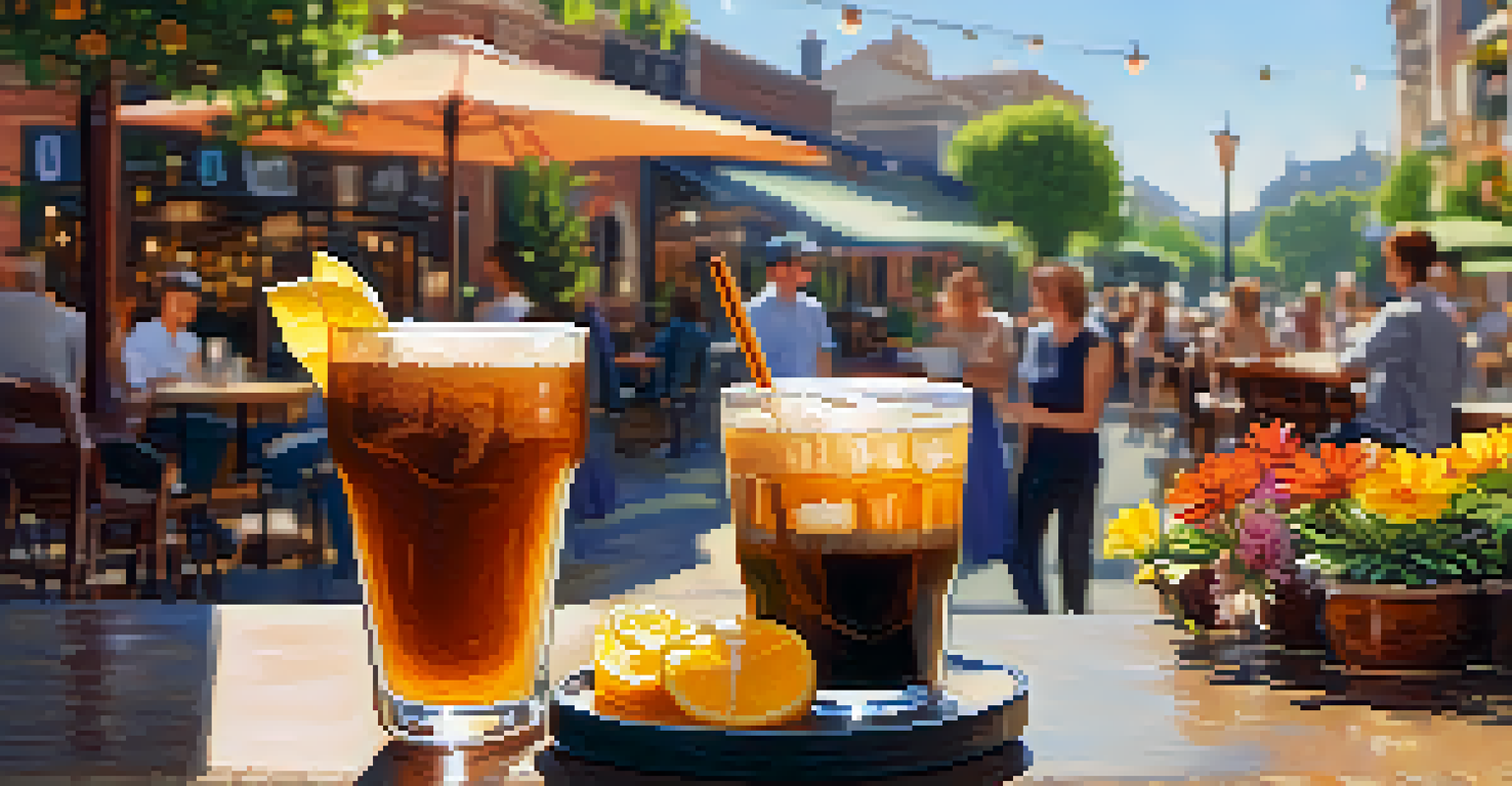 A sunny outdoor café scene with a Nitro Cold Brew drink on a table surrounded by flowers and people socializing.