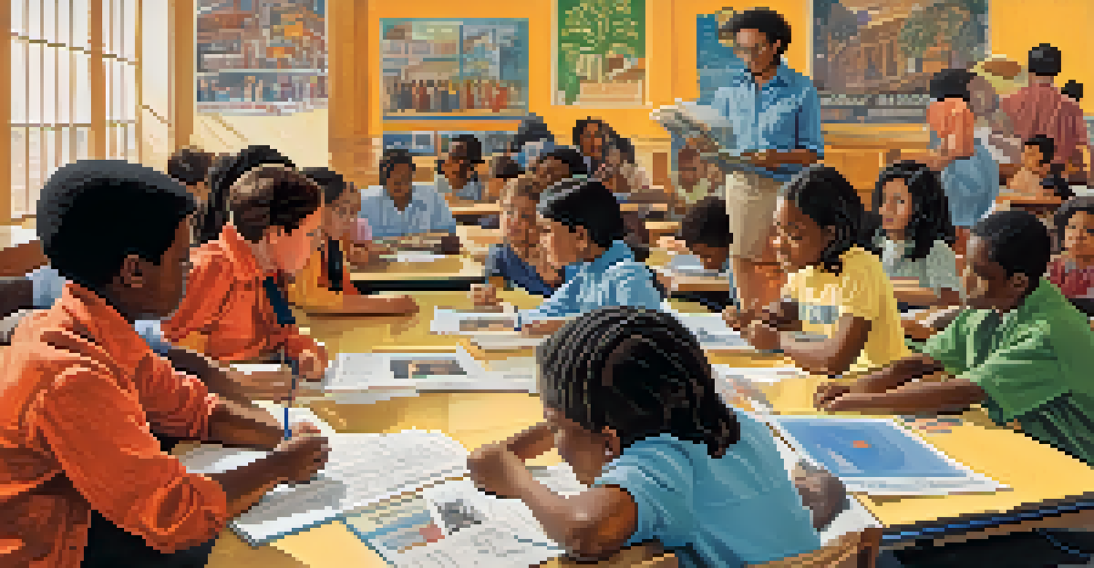 A vibrant classroom scene in Tucson with diverse students and a teacher discussing civil rights history, surrounded by colorful educational materials.