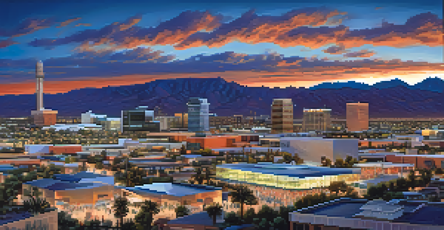 Tucson skyline at dusk during a tech conference, featuring illuminated buildings and a crowd networking.