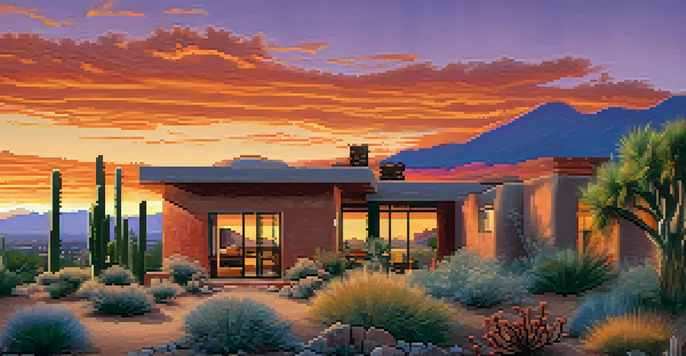 A beautiful sunset over Tucson showcasing a mix of adobe and modern architecture with desert plants in the foreground.