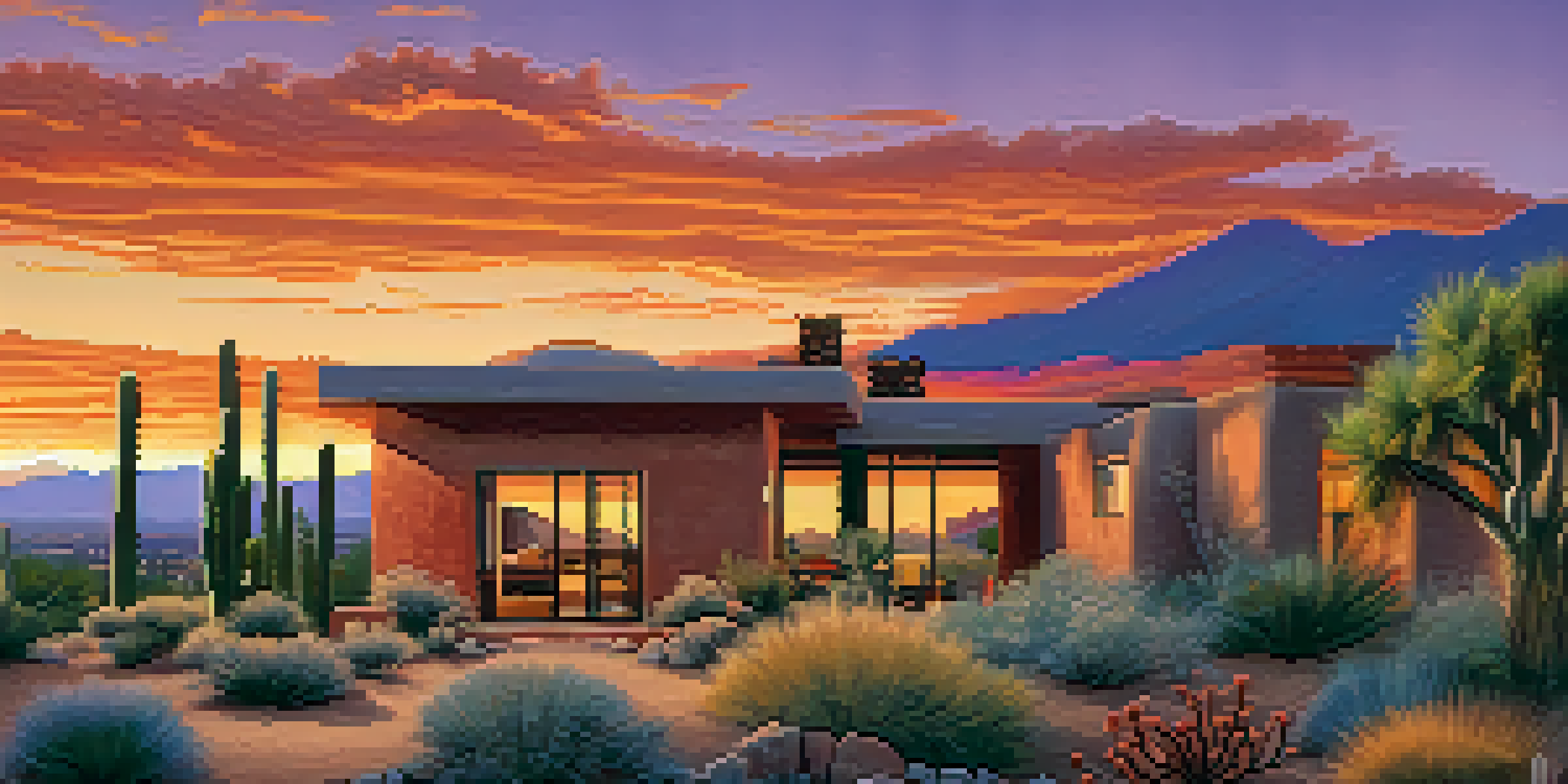 A beautiful sunset over Tucson showcasing a mix of adobe and modern architecture with desert plants in the foreground.