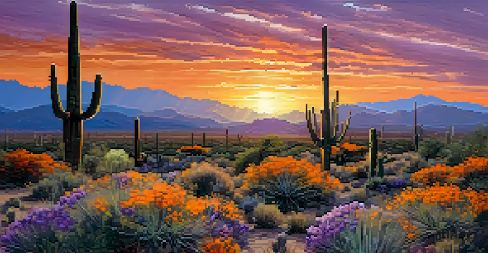 A beautiful sunset in Saguaro National Park with saguaro cacti and a colorful sky.