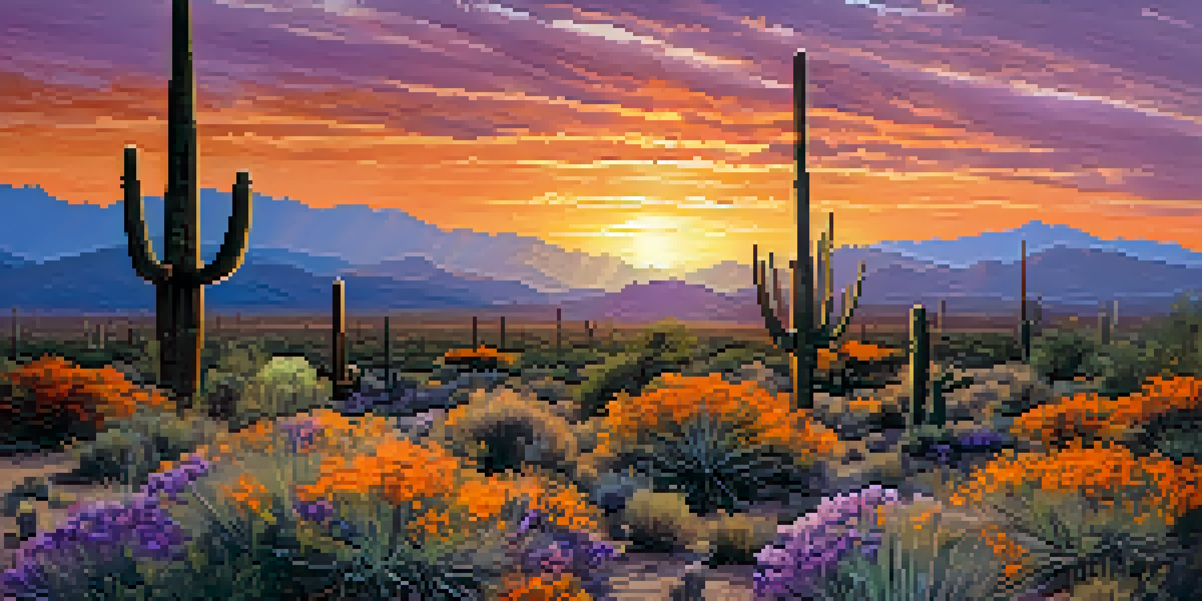 A beautiful sunset in Saguaro National Park with saguaro cacti and a colorful sky.