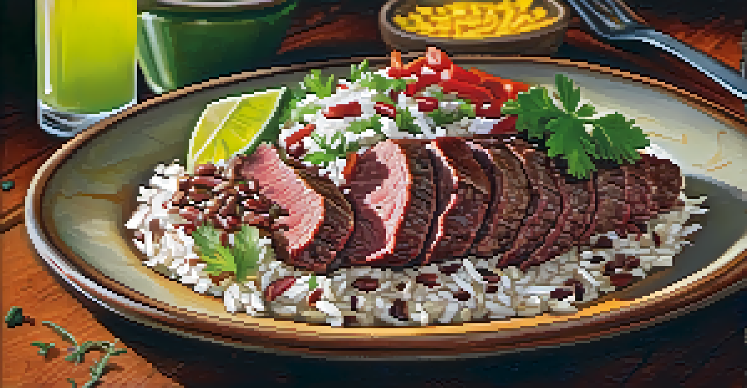 A plate of carne seca with rice and beans on a rustic table, accompanied by a refreshing margarita.