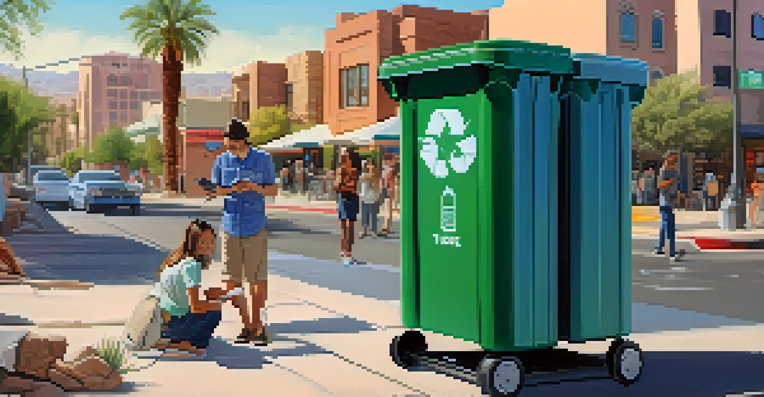 A modern Tucson street scene showcasing smart waste management technology with a sensor-equipped bin and residents using mobile apps.
