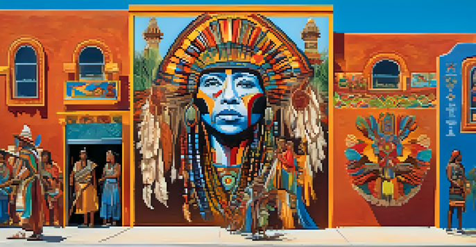 A colorful mural in Tucson illustrating local cultural heritage with traditional figures and symbols under a clear sky.