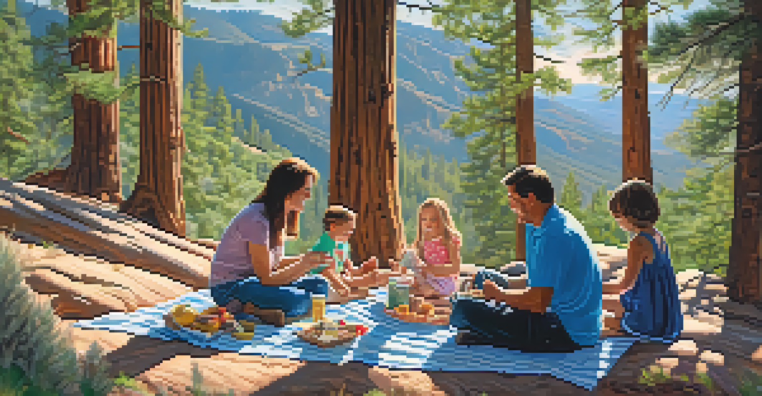 A family having a picnic in a forested area with mountains in the background.