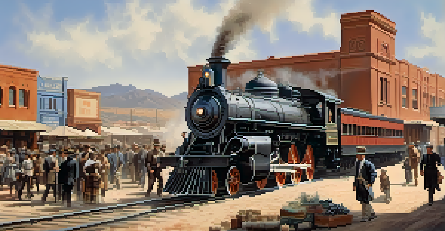 A historical depiction of the Southern Pacific Railroad arriving in Tucson, showcasing a steam locomotive and a busy trade scene with adobe buildings.