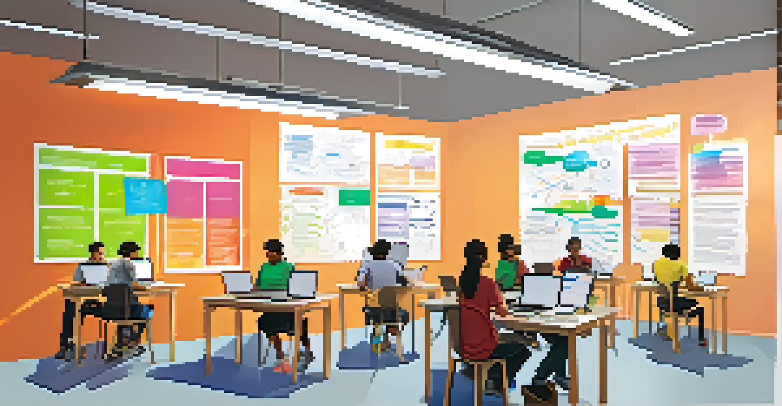 Students engaged in a coding workshop at a Tucson educational institution, with colorful posters and a bright atmosphere.