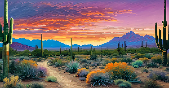 A panoramic view of Tucson's desert landscape at sunset with Saguaro cacti and a colorful sky.