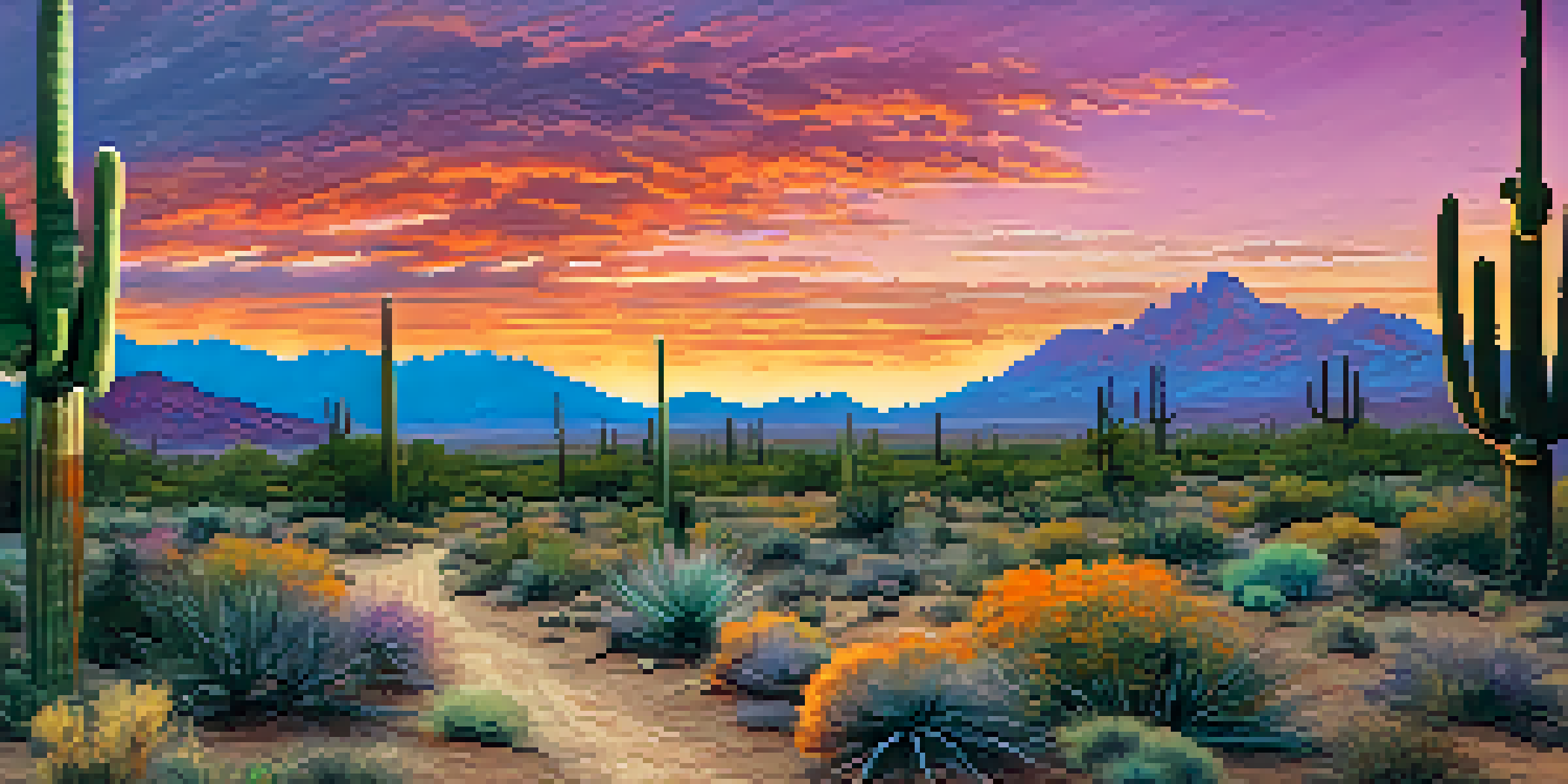 A panoramic view of Tucson's desert landscape at sunset with Saguaro cacti and a colorful sky.