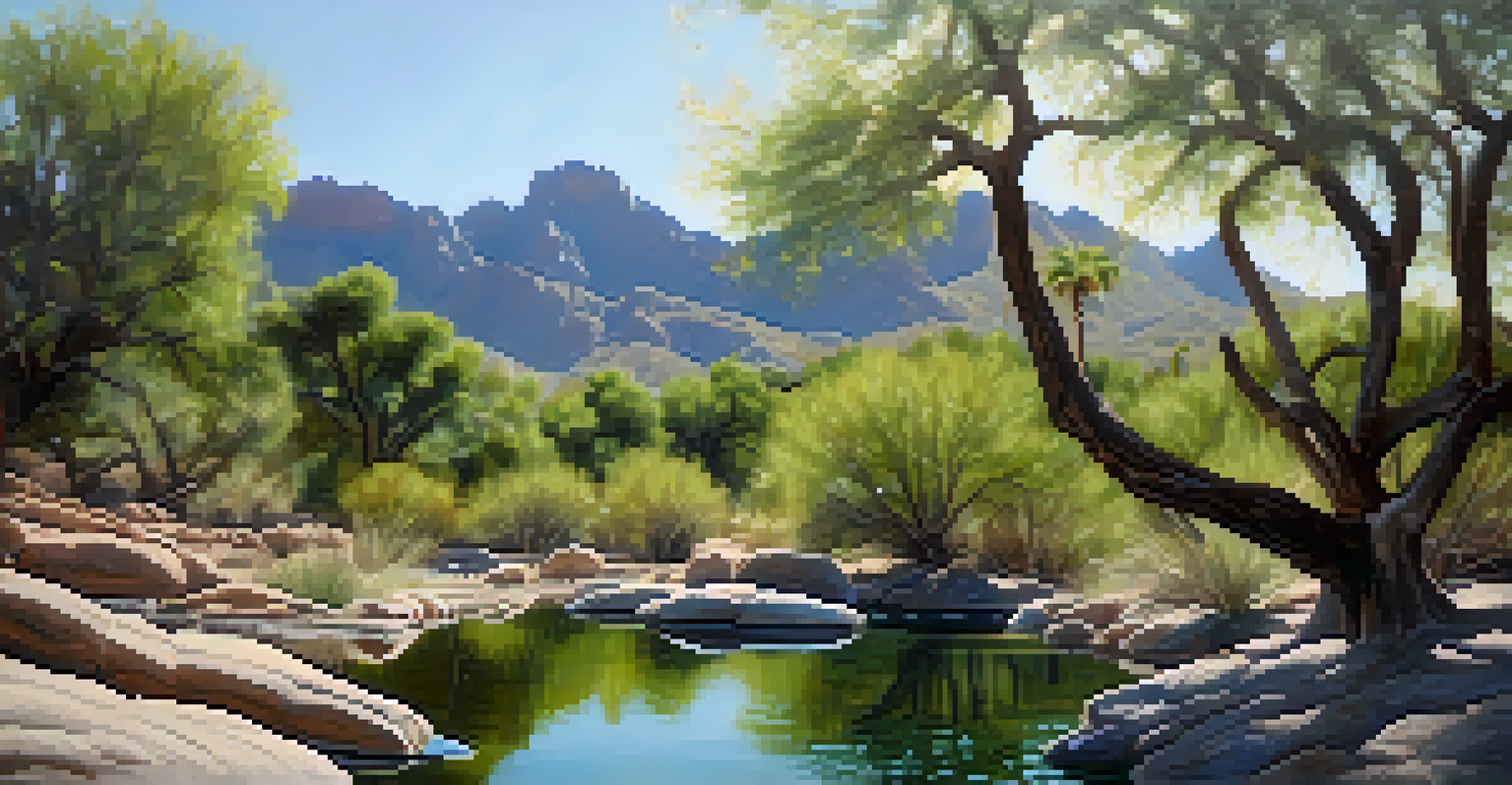 A peaceful view of natural pools in Catalina State Park surrounded by greenery and mountains.